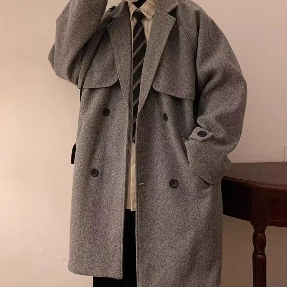 Thick Men Windbreaker Jacket Coat Long Sleeve Lapel Double-Breasted Mid-length Overcoat Korean Loose Woolen Coat Outwear