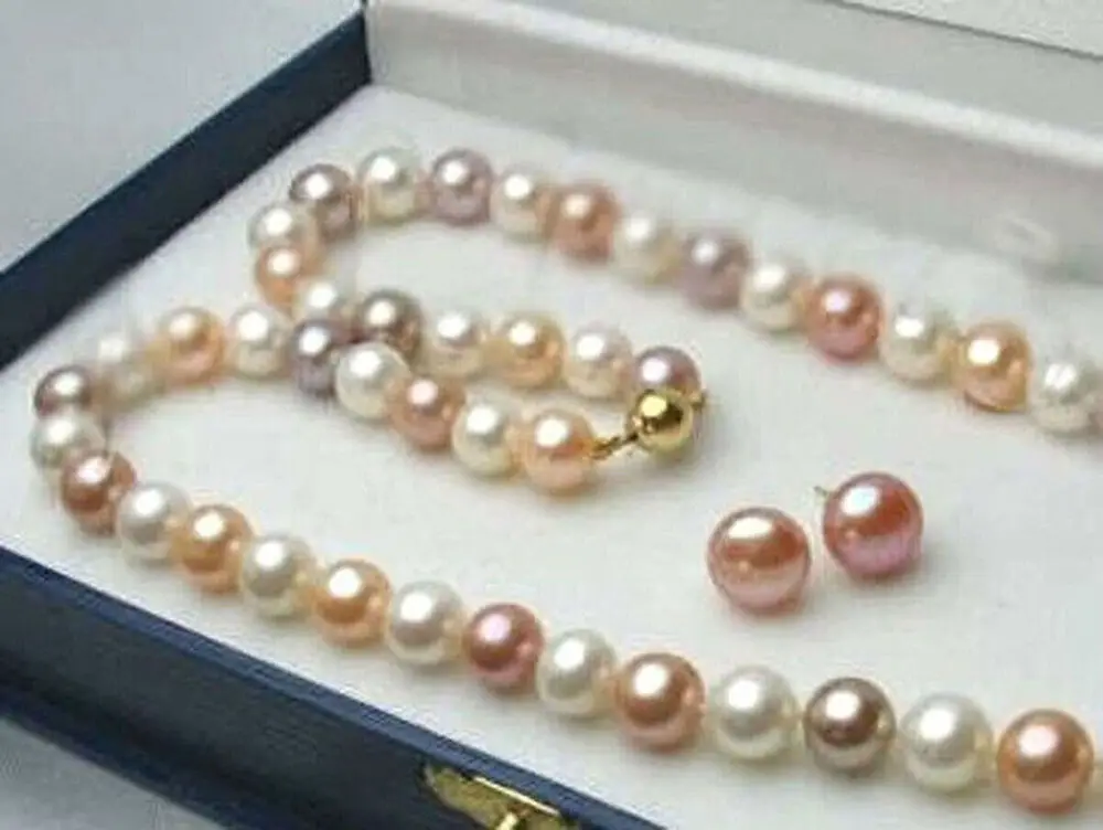 Natural 8-9mm White Pink Purple Cultured Pearl Necklace Earrings Set 18''