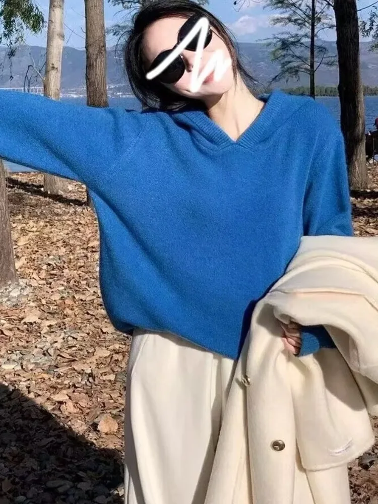 

Женская вязаная толстовка цвета Кляйн синий, осенне-зимняя новинка, уникальный повседневный топ в стиле оверсайз, мягкая теплая толстовка из смесового флиса, винтажный свободный крой