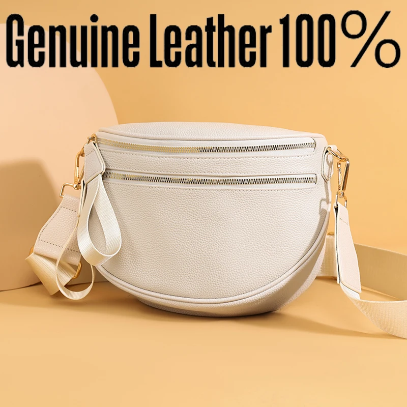Genuine Leather Women's Bag New 2025 Ele Soft Cowhide Casual Fashion Semi-Circular Wide oulder Strap Crossbody Bags Sac a Main