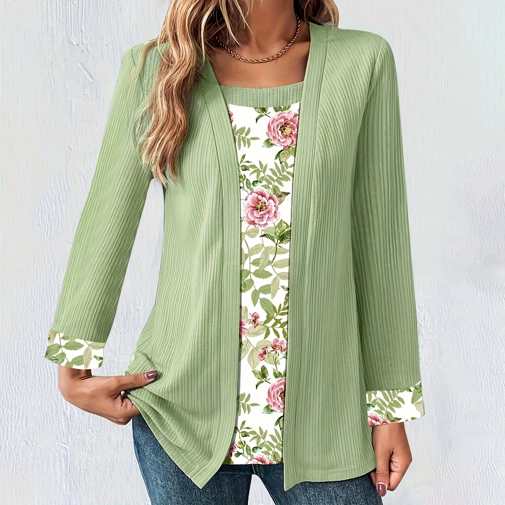 

Women's Solid Color Printed T-Shirt Autumn Winter Long Sleeve Fake Two-Piece Set Europe And US Style Fashion Top