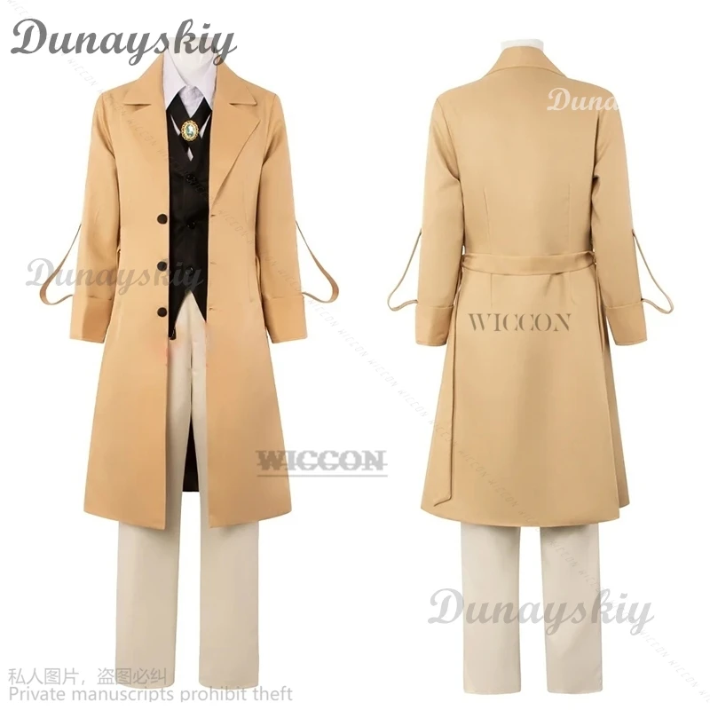 Anime Dazai Osamu Cosplay BSD Costume Man And Woman Khaki Trench Coat Uniform Suits Unisex Black Wig Roleplaying Cos Halloween