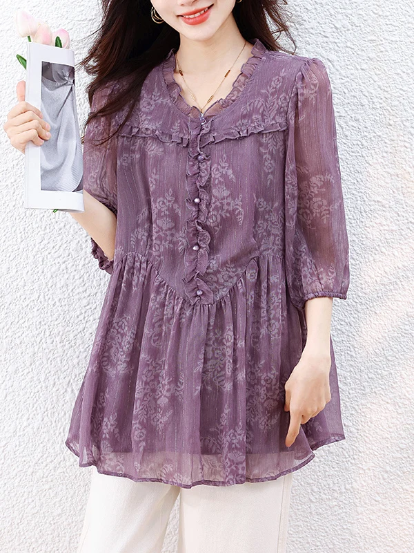 plus Size Women's Summer irt Beautiful Casual Slimming Meat Covering Ele White Casual irt Flower  Collar Loose Fit