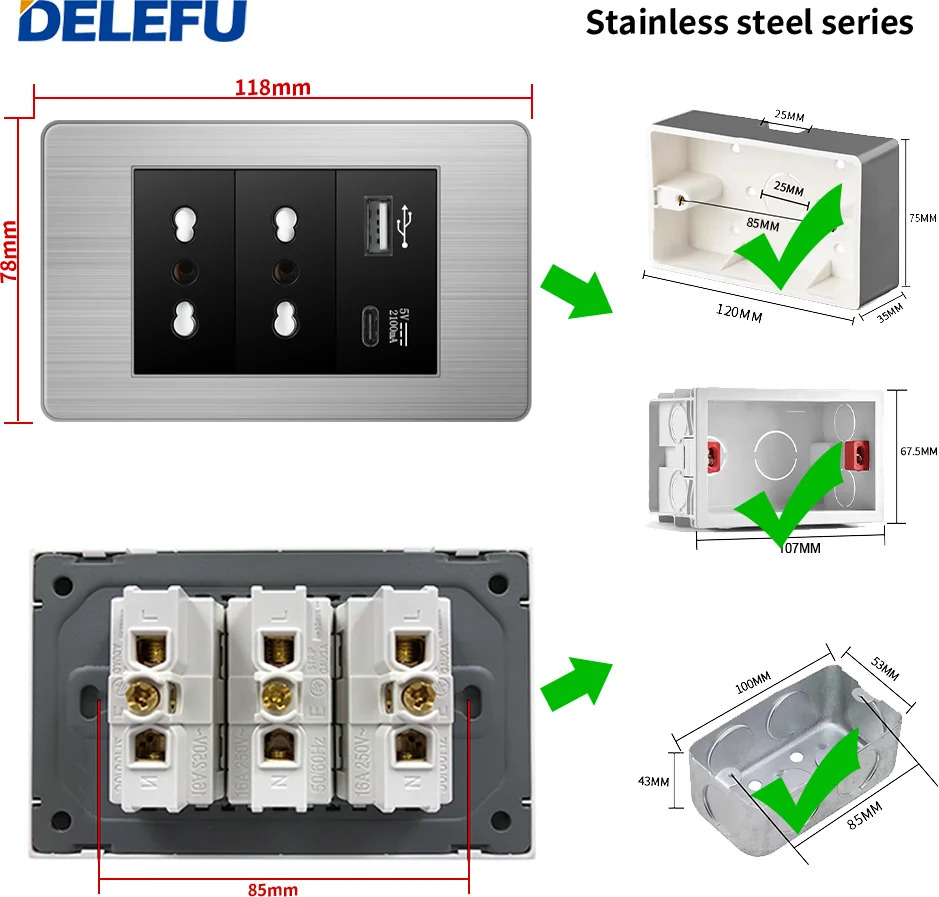 DELEFU Black Stainless steel EU  Standard Outlet Dual USb Type C Wall Socket Light Switch Korea 118mm*72mm Fast Charge