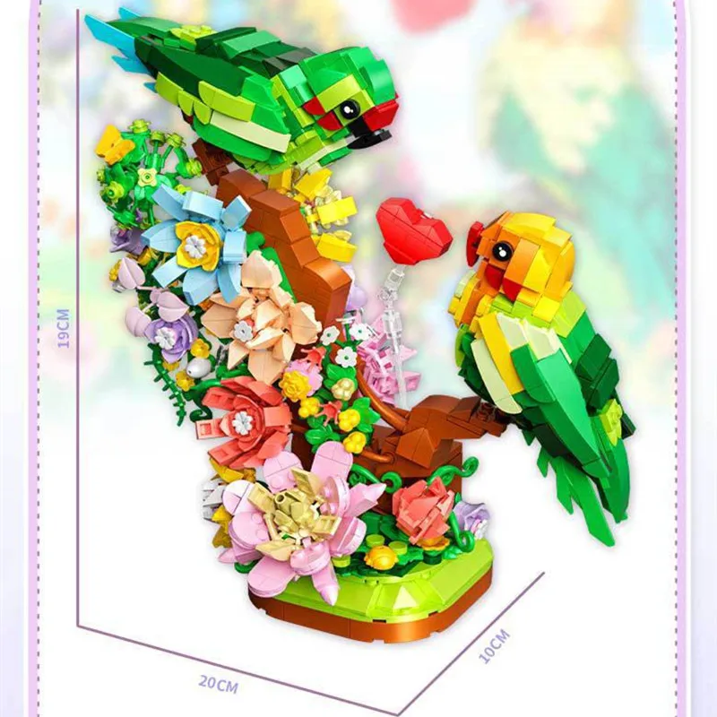 1050pcs+ Creative Moc Lovebirds Building Blocks Male And Female Parrot Sitting On Flowersbrick Model Toys