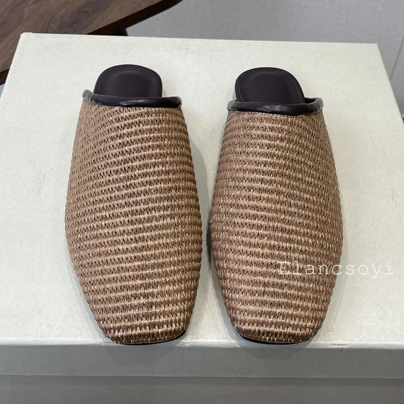 Slippers Women's Grass Weaving Square Toe Half Slippers Flat Sole Lazy Mules Shoes Spring Autumn Outdoor Casual Shoes 2026