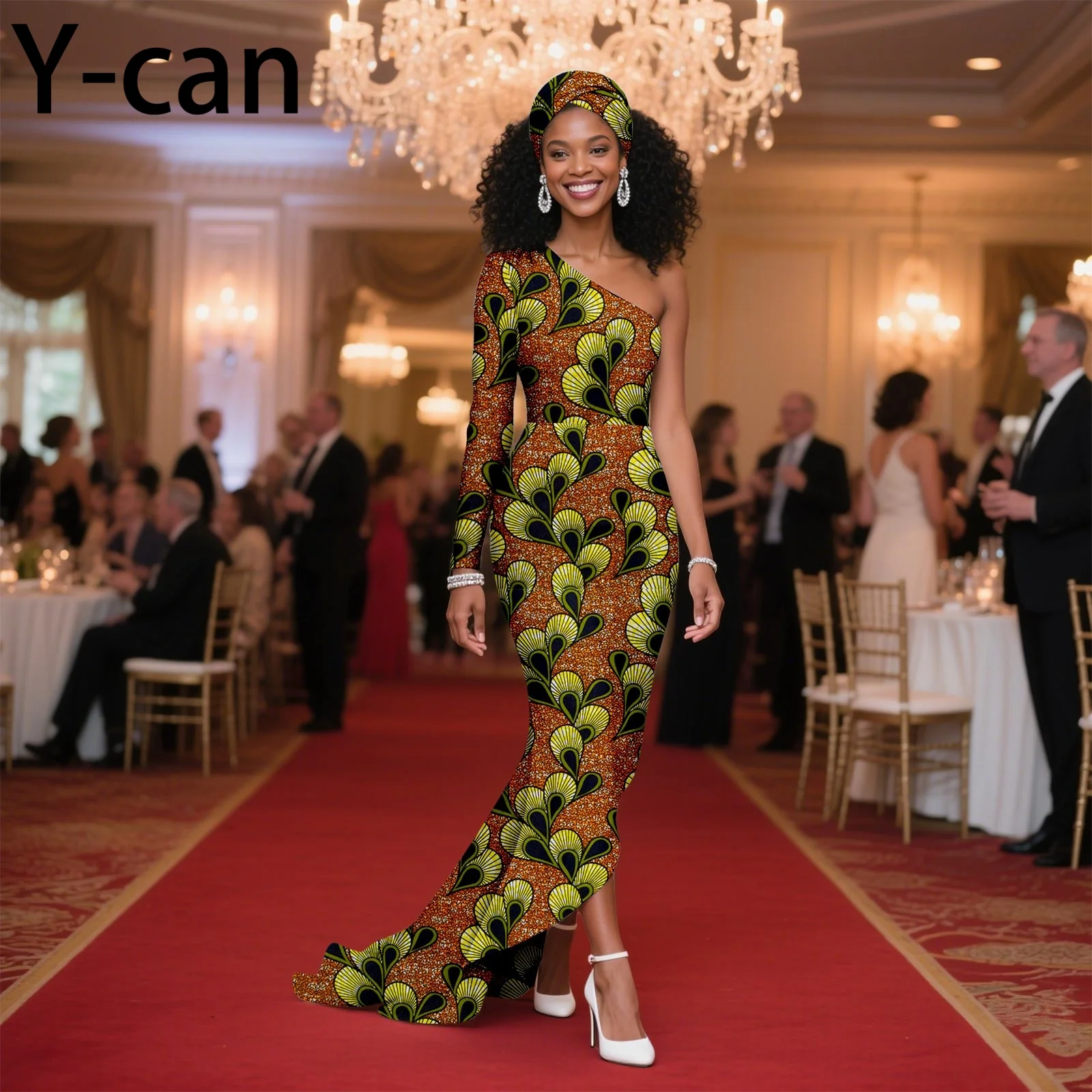 

African Wedding Dresses for Women Sexy Single Sleeve Mermaid Dress Ankara Print Party Evening Gown with Turban 2525082