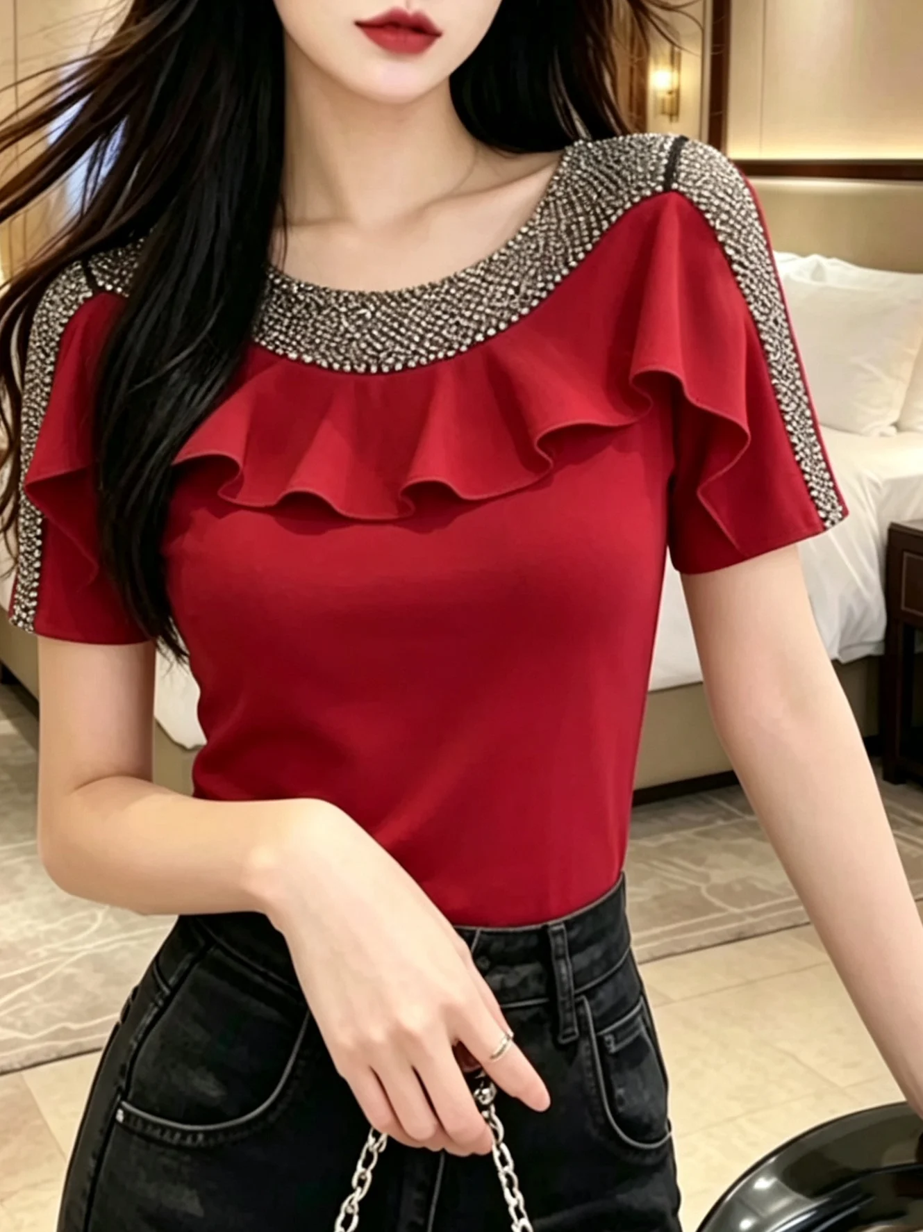 Summer Women's Slim Fit T-Shirt Rhinestone Short Sleeve French Style Bell  Design Breathable Skin-Friendly round Neck Top