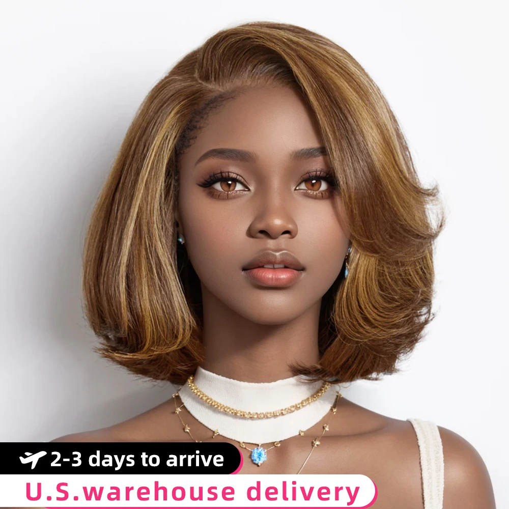 

12 Inch Toffee Brown Mixed Blonde Bob Wig Layered 5x5 Lace Loose Wave Human Hair Pre Cut Preplucked Side Part Short Ready To Go