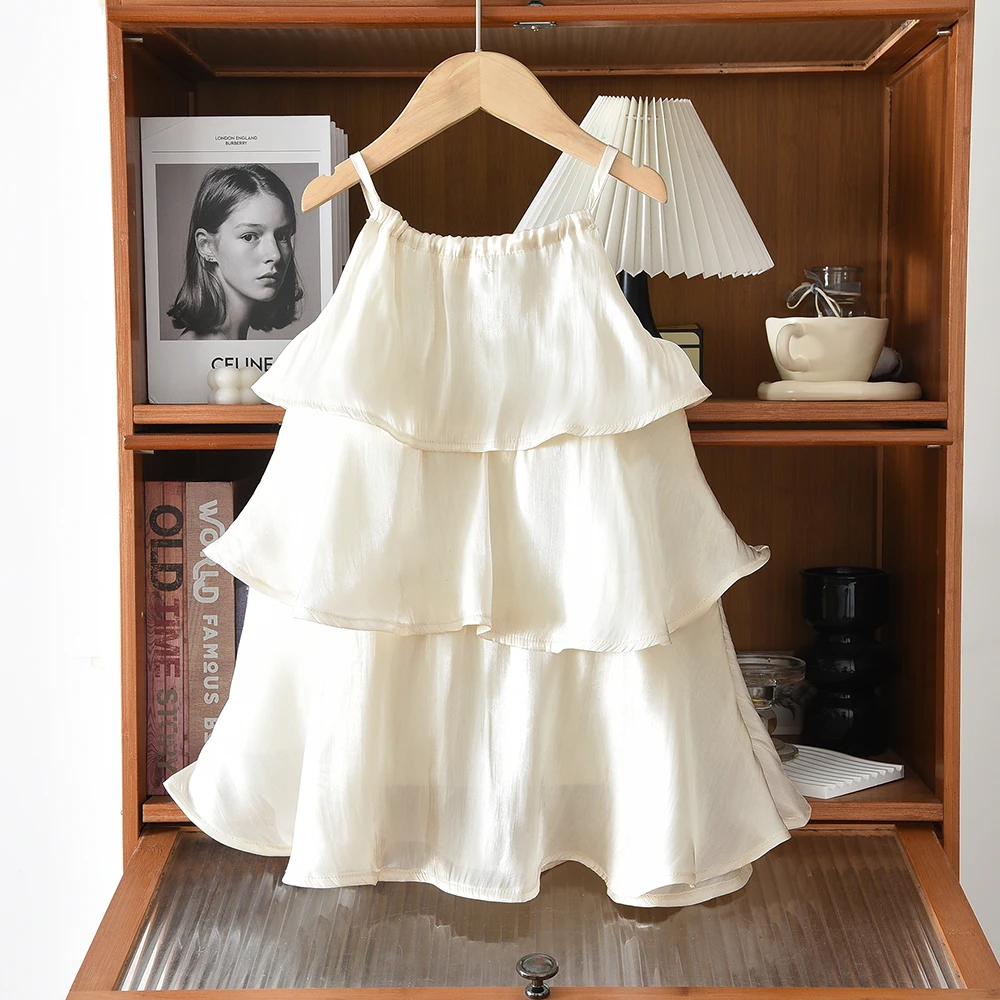 Summer New Beige Sweet and Cute Camisole Multi-layer Lace Princess Dress for Girls Aged 3-7