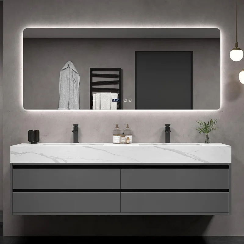 Modern simple rock slab hot bending integrated bathroom cabinet combination light luxury seamless ceramic hand wash face