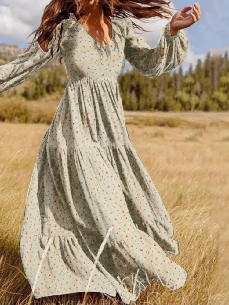 ربيع الخريف عادية بوهو الأزهار طباعة فستان طويل للنساء أنيقة فساتين ماكسي للحفلات كم كامل كشكش خمر فستان الإناث