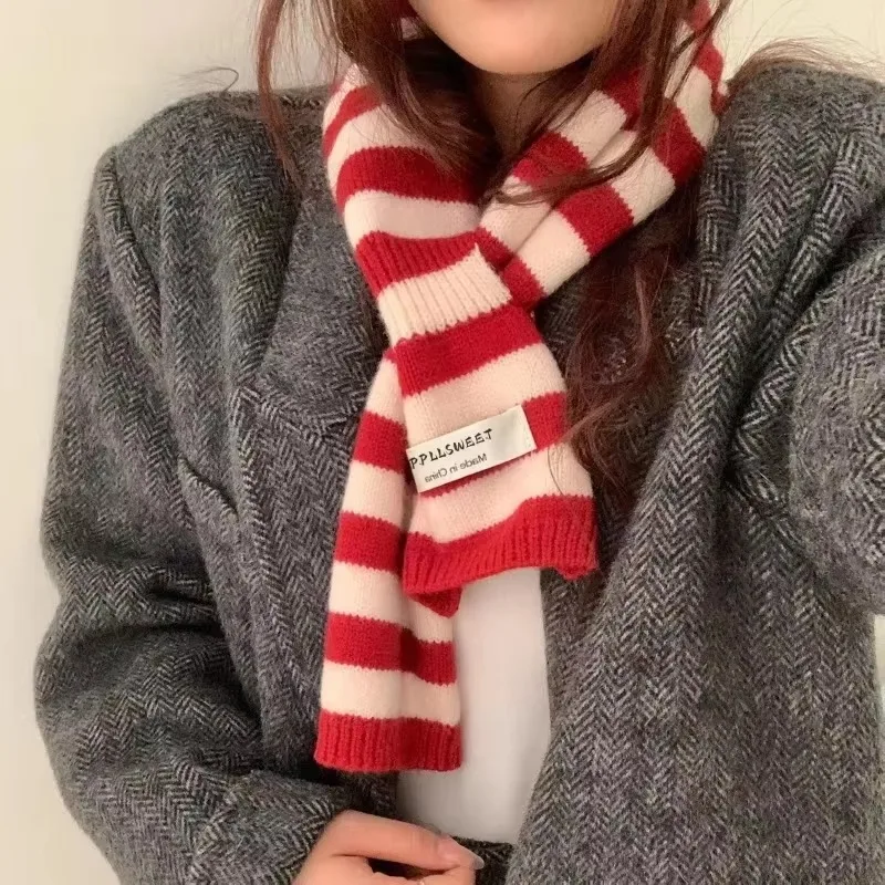 Women Striped Knit Mini Scarf Autumn Winter Color Block Short Neck Warmer Korean Retro Versatile Small Knitted Neck Scarf