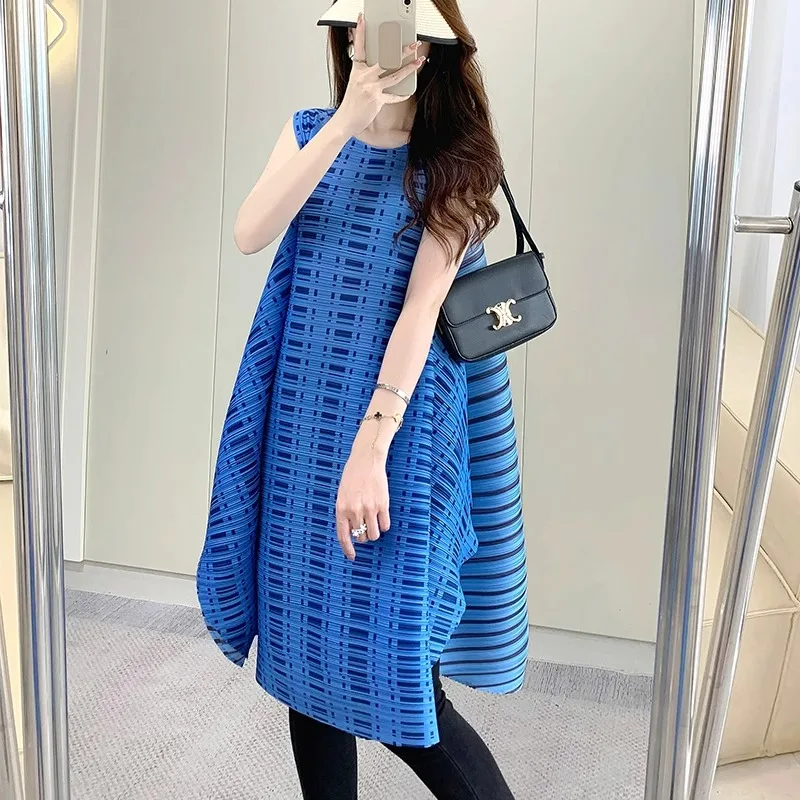

Miyake плиссированный лоскутный жилет без рукавов, короткое платье на лето 2023, женская новая полосатая свободная длинная женская футболка больших размеров