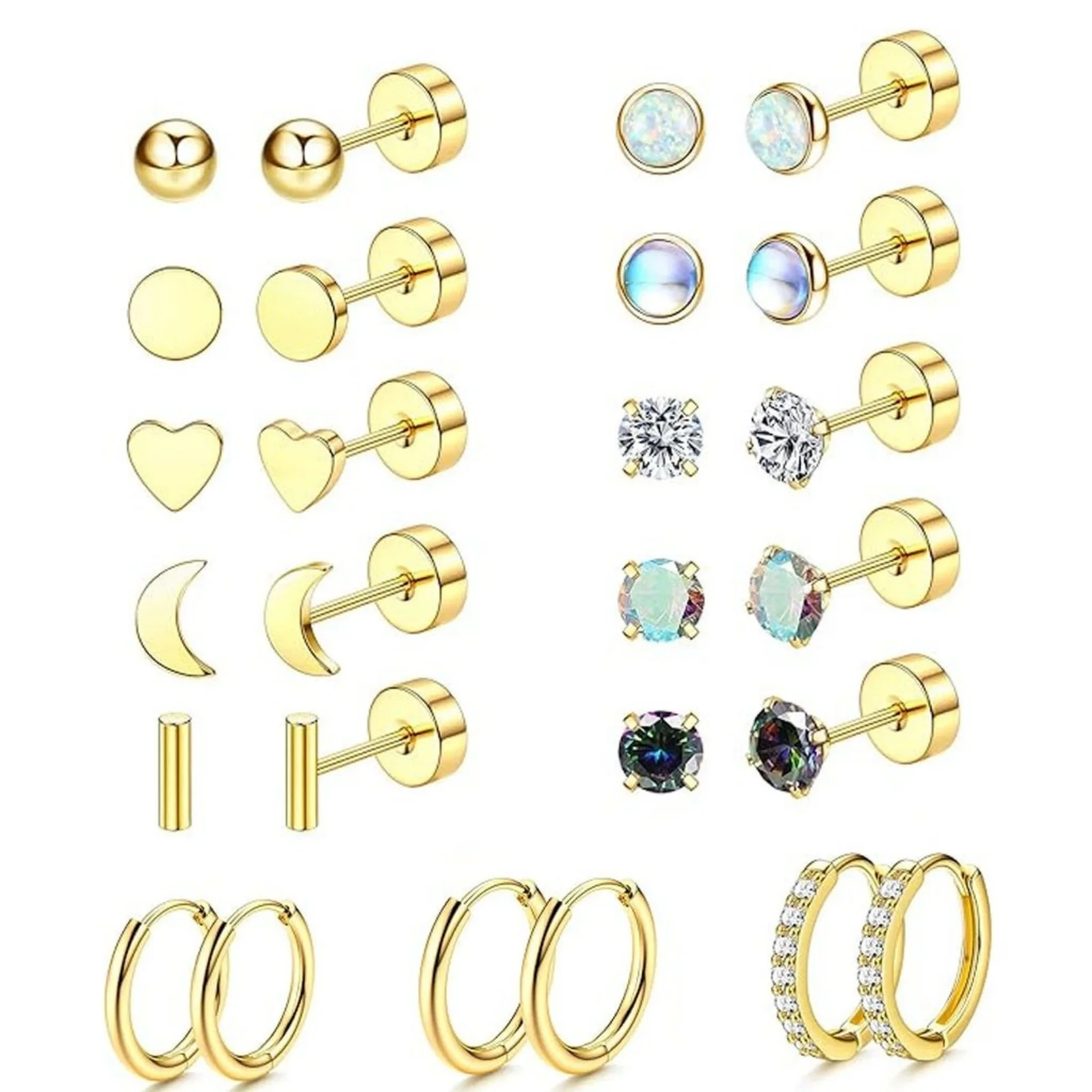 1Set Simple Stylish Stainless Steel Earrings Set Round Multicolor Round Heart Moon Star Rhinestone Stud Earring Unisex Jewelry