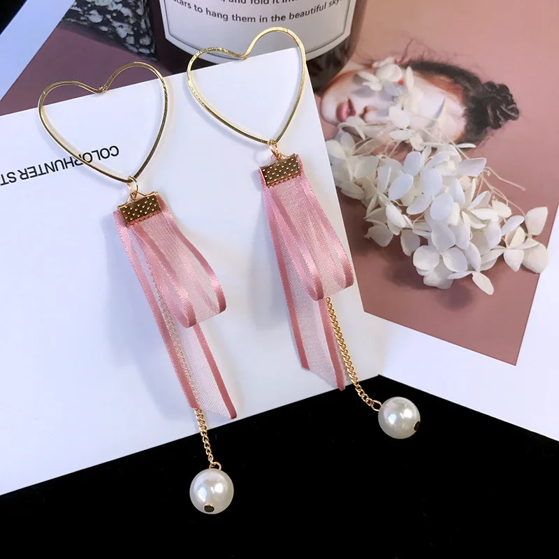 Korean Sweet Style Heart Earrings Women's Jewelry Imitation Pearl Stud Earrings Lace Tassels Eardrop Female Accessories Present
