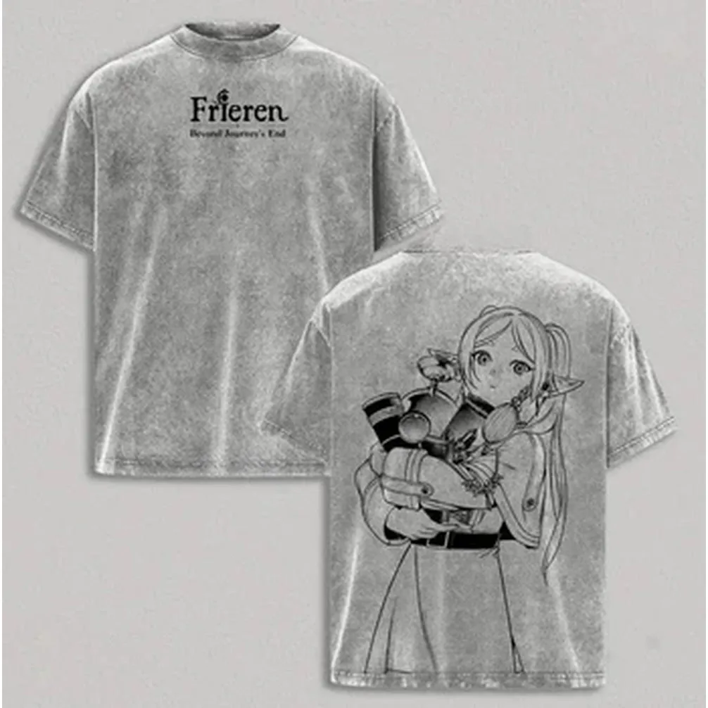 Harajuku Anime Cute Frieren Beyond Journey's End T-shirt Men's Clothing Washed Oversized T Shirt Short Sleeve Cotton Tees Tops