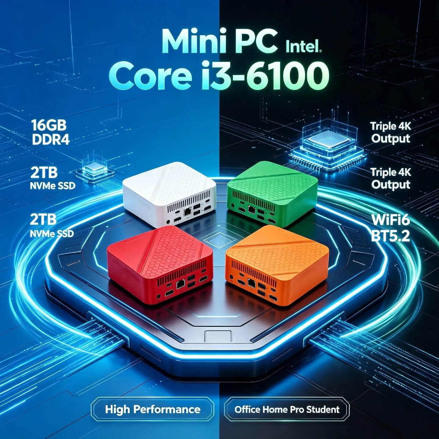 Intel Core i3 6100 Mini Desktop 16GB DDR4 2TB NVMe SSD Triple 4K Output High Performance WiFi6 BT5.2 Office Home Pro Student