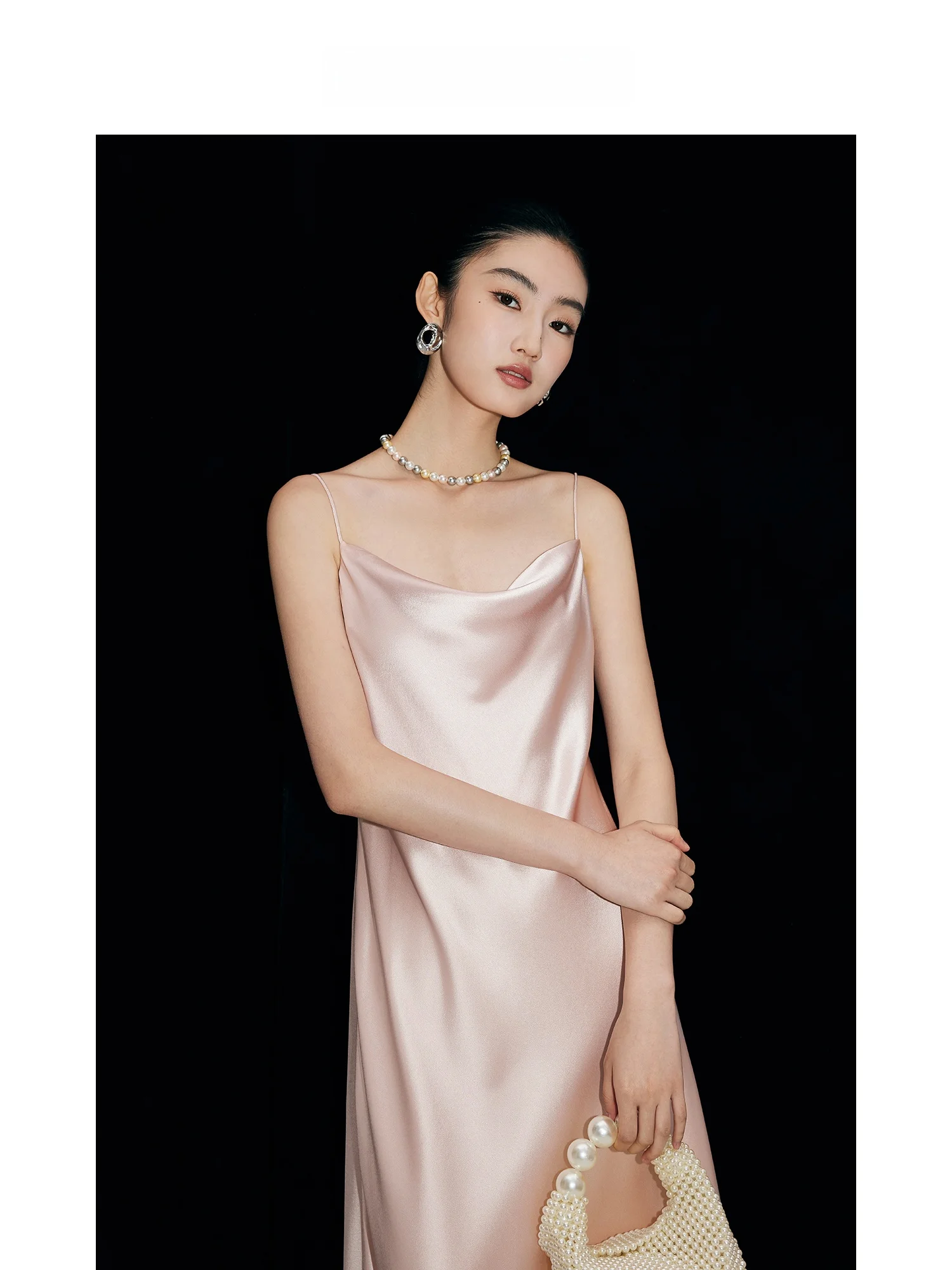 

MandyZhang Pink High-Quality Acetate Strap Dress Women's Spring Elegantly Slimming Long Dress French Style High Waist