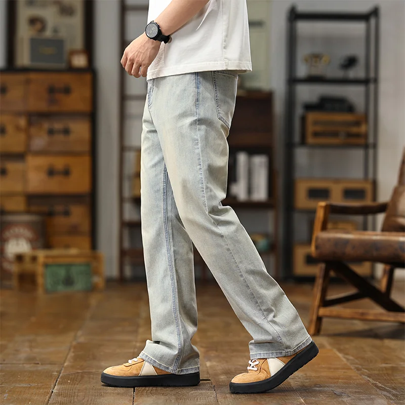 New American style retro high street elastic flared denim pants for spring and summer light blue color baggy jeans