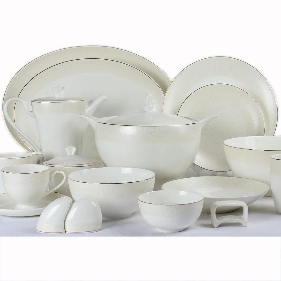 

wholesale bone china dinnerware set ceramic tableware 153 pcs with embossed decal and gold rim design