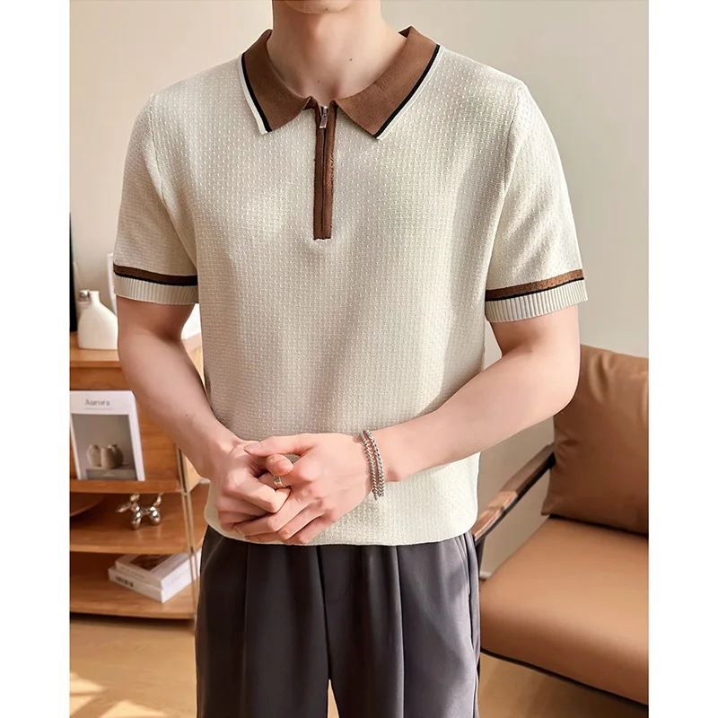 Summer Color-Block Half-Zip Lapel Short Sleeve Knit Polo Shirt Men's Business Casual Top