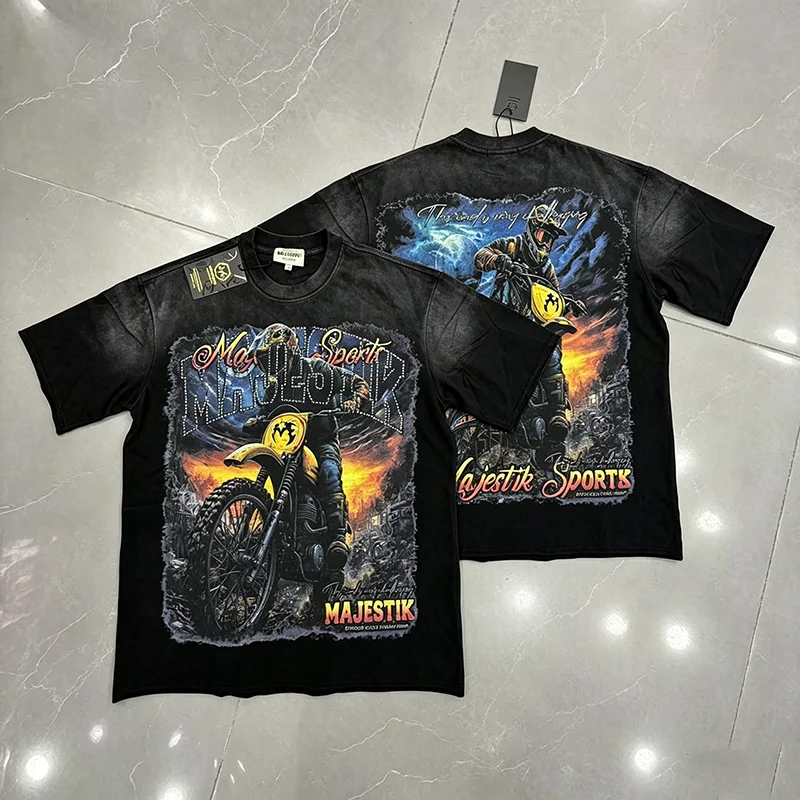 New Arrival MAJESTIK Unisex Street T-Shirt Vintage Motocross Rider Rhinestone Graphic Short Sleeve Tee
