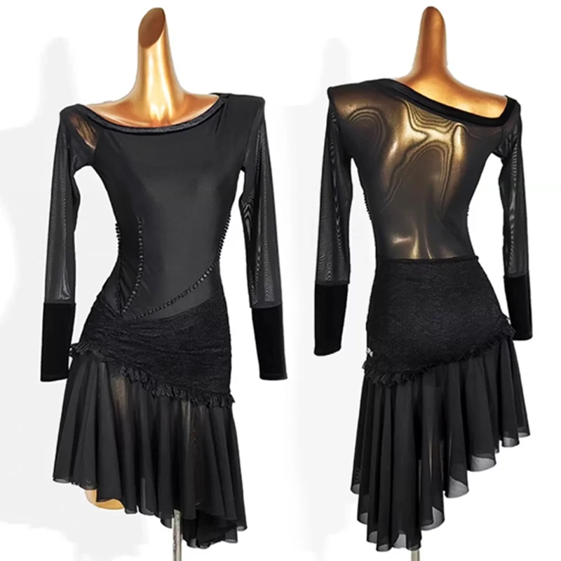 

Adult Latin Dance Dress Women Latin Training Clothes Long Sleeve Black Dresses Rumba Dancing Outfit Dancer Practice Wear VDL5767