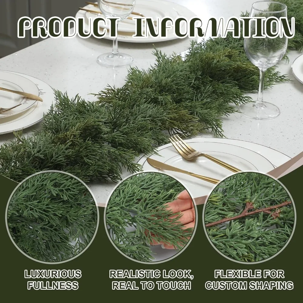 إكليل من خشب الأرز الاصطناعي السميك الناعم بطول 9 أقدام لمدفأة الدرج المنزلية المزخرفة لعيد الميلاد #4