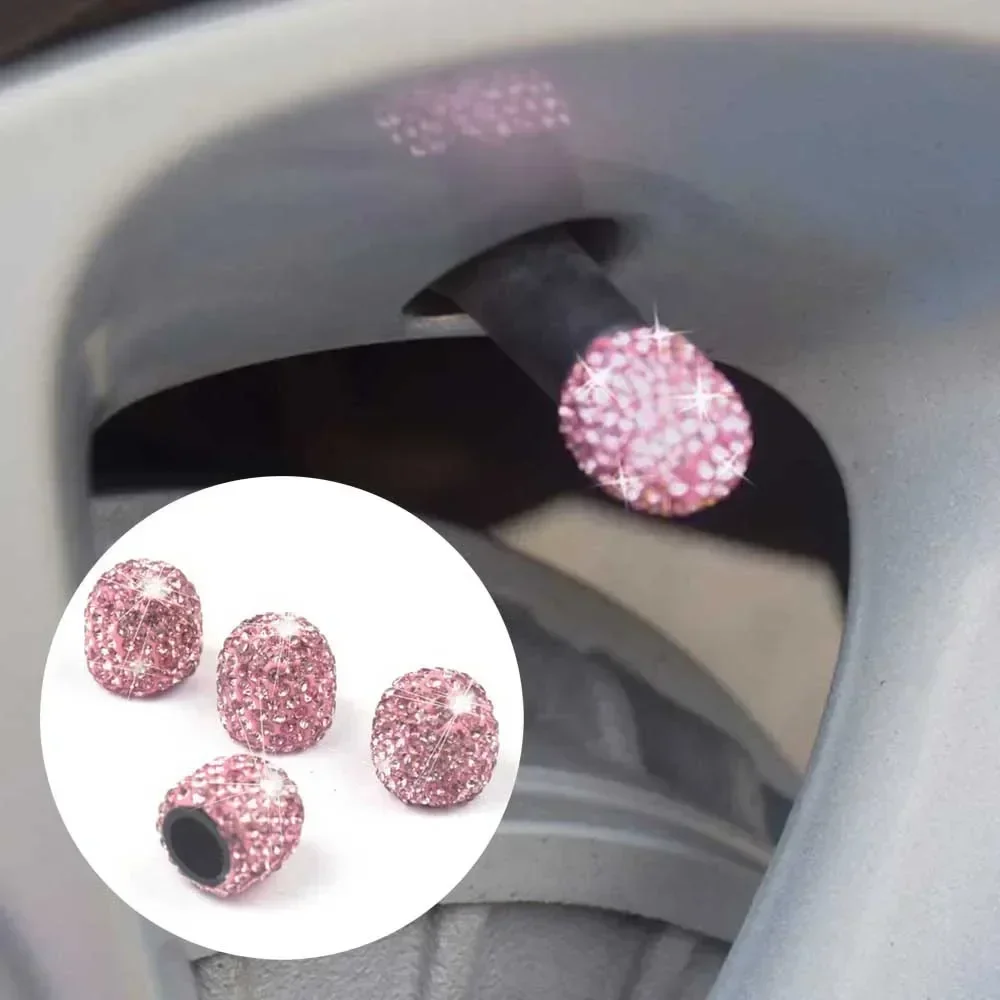 4pcs Universal Car Tire Air Sealing Cap Anti-Rust Dust-Proof Valve Cap Clay + Rhinestone Pink Tire Valve Stem Caps Sparkling