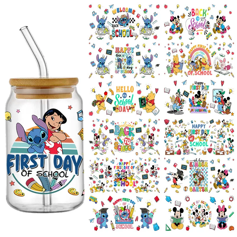 Disney Back to School Character UV DTF Wraps Transfer Sticker DIY For 16oz Libbey Glass Cup Waterproof Wrap Transfers Decals Cup