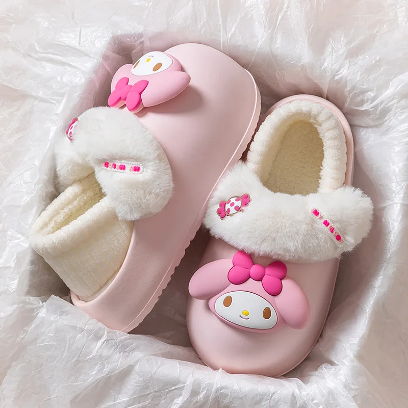 Hello Kitty Kuromi MyMelody Cinnamoroll Kawaii Cute Slippers Winter Women Thick-soled Waterproof Removable Warm Plush Shoes Gift