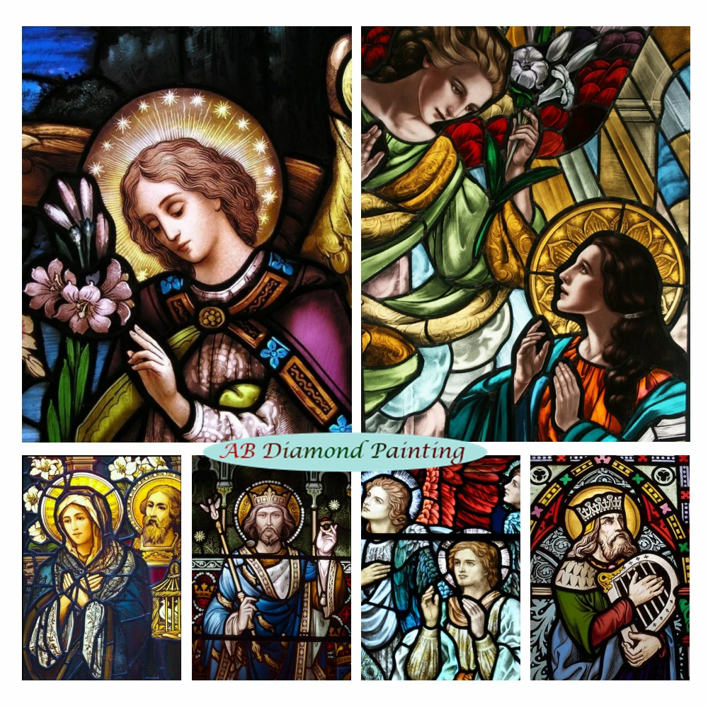 

Mary's Coronation AB Diamond Painting Maria Angels St. Peter Cross Stitch Kits Embroidery Set Religious Stained Glass Home Decor