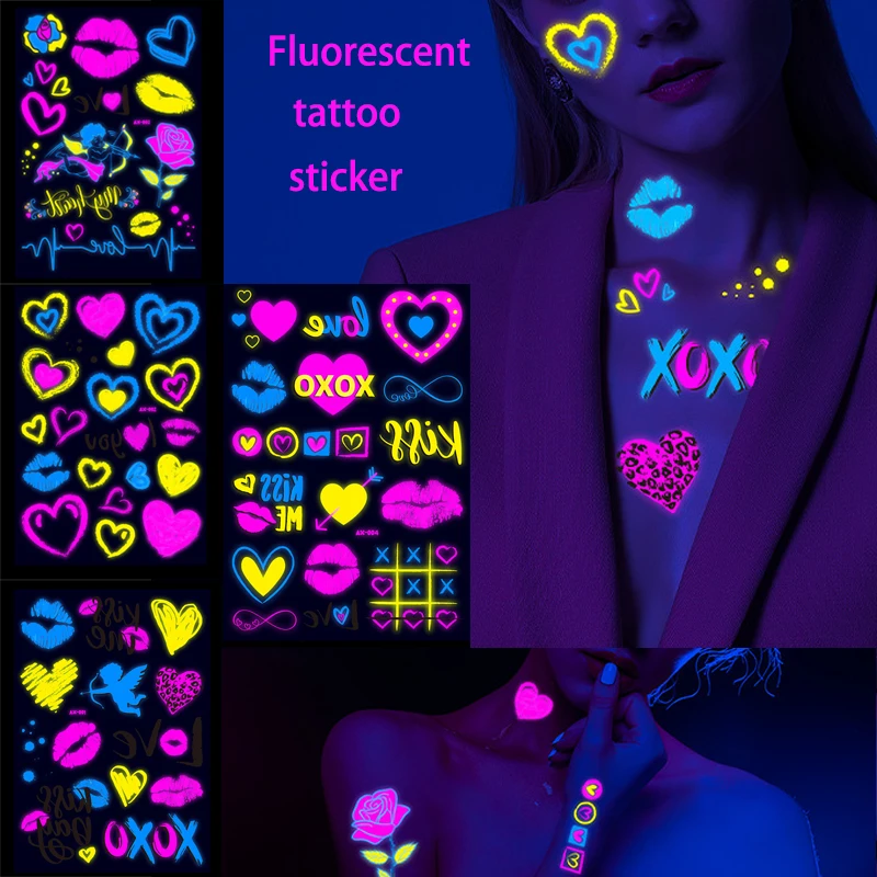 Valentine's Day Fluorescent Skin Face Tattoos Temporary Tattoos Waterproof arm and shoulder tattoos Music Concert Bar tattoo