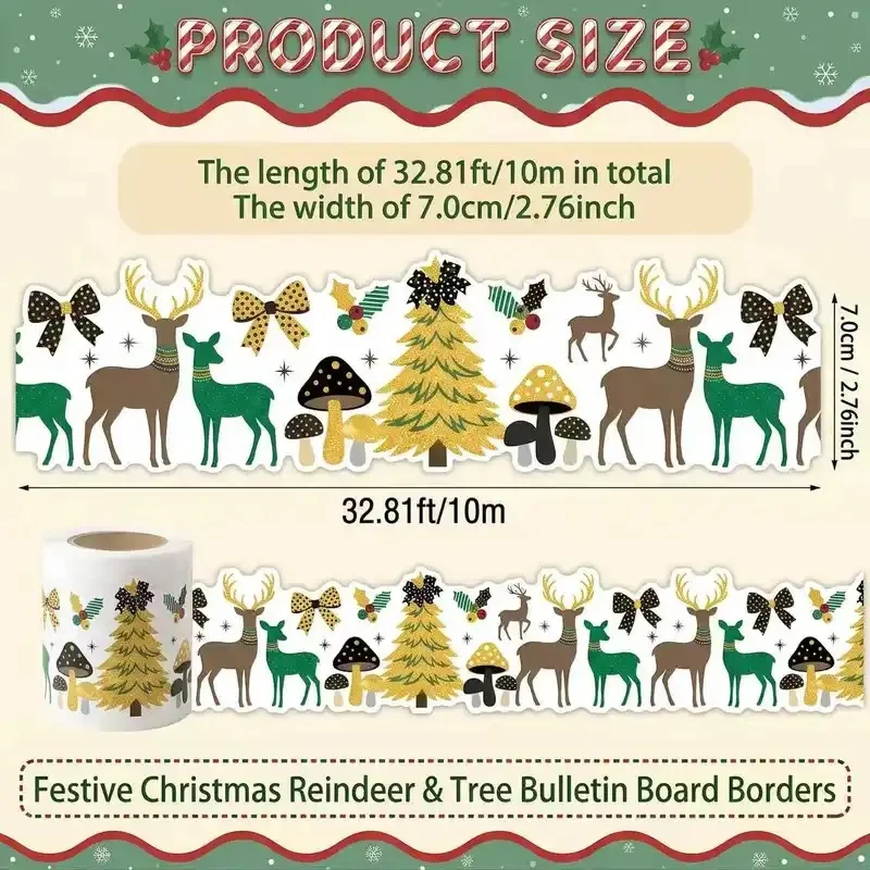 32.8 Ft Christmas Border Stickers Roll Reindeer Cartoon Christmas Border for Classroom Chalkboard Bulletin Board Xmas Decor