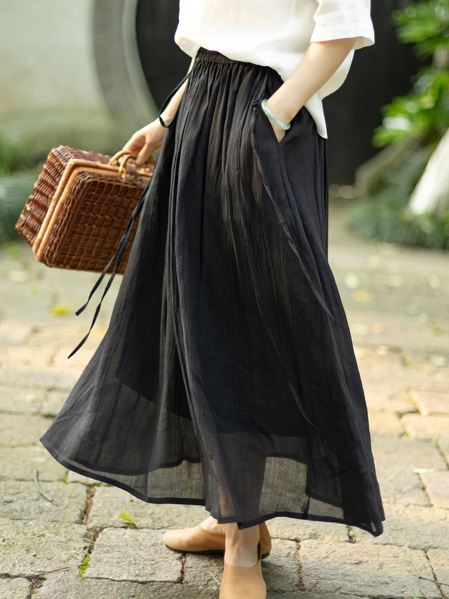 

Элегантная двухслойная льняная юбка А-силуэта миди с эластичным поясом, универсальная, для повседневной носки, женская