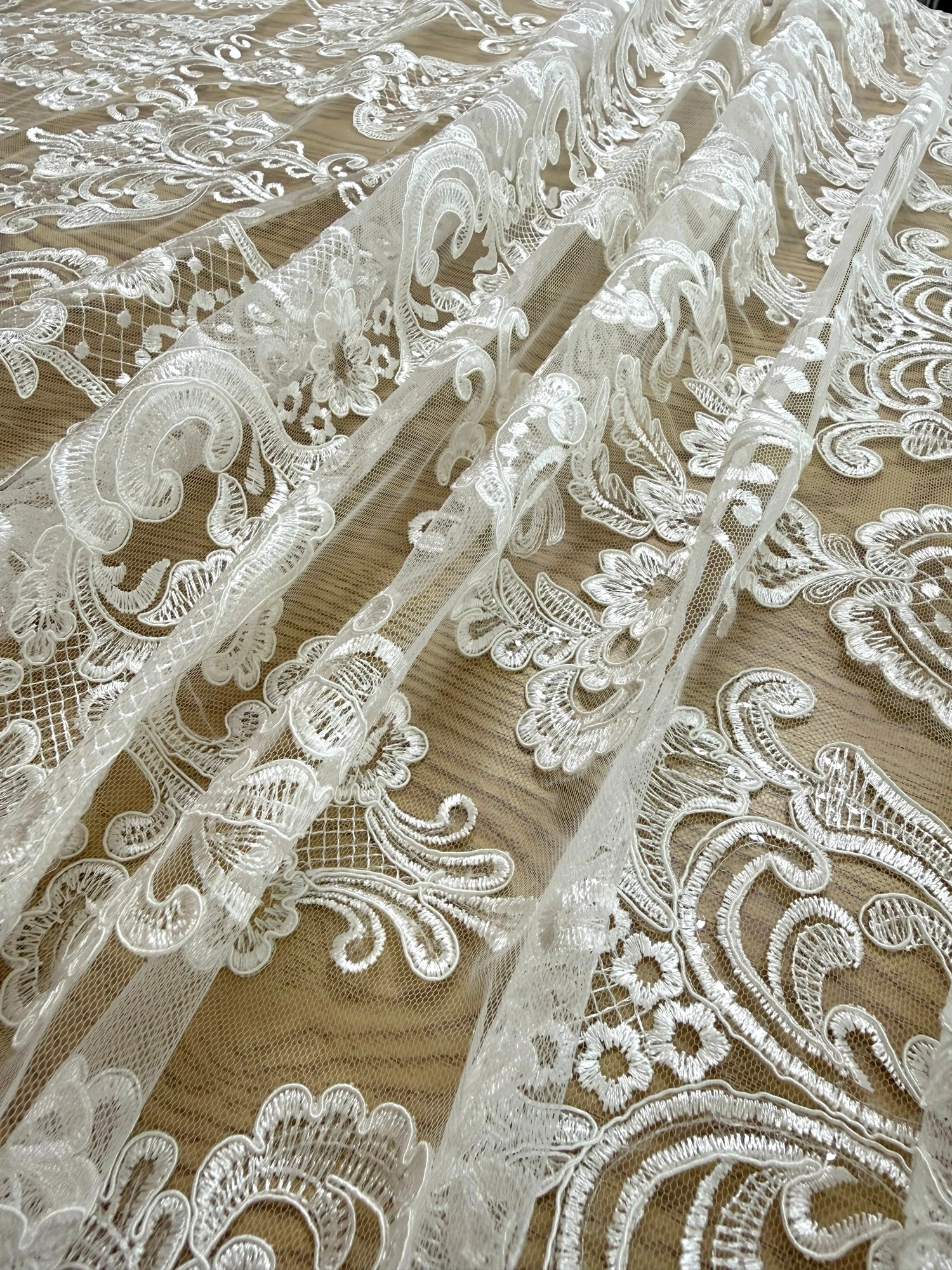 HelluyerDc ivory,black sequins carded lace fabric,big&small patterns embroidery for wedding prom dress fabric easy to cut