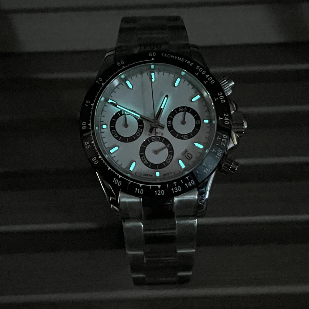 Luxury 40mm Panda VK63 Movement Sapphire Mirror Unmarked 904L Stainless Steel Strap Multifunctional Chronograph Quartz Watch