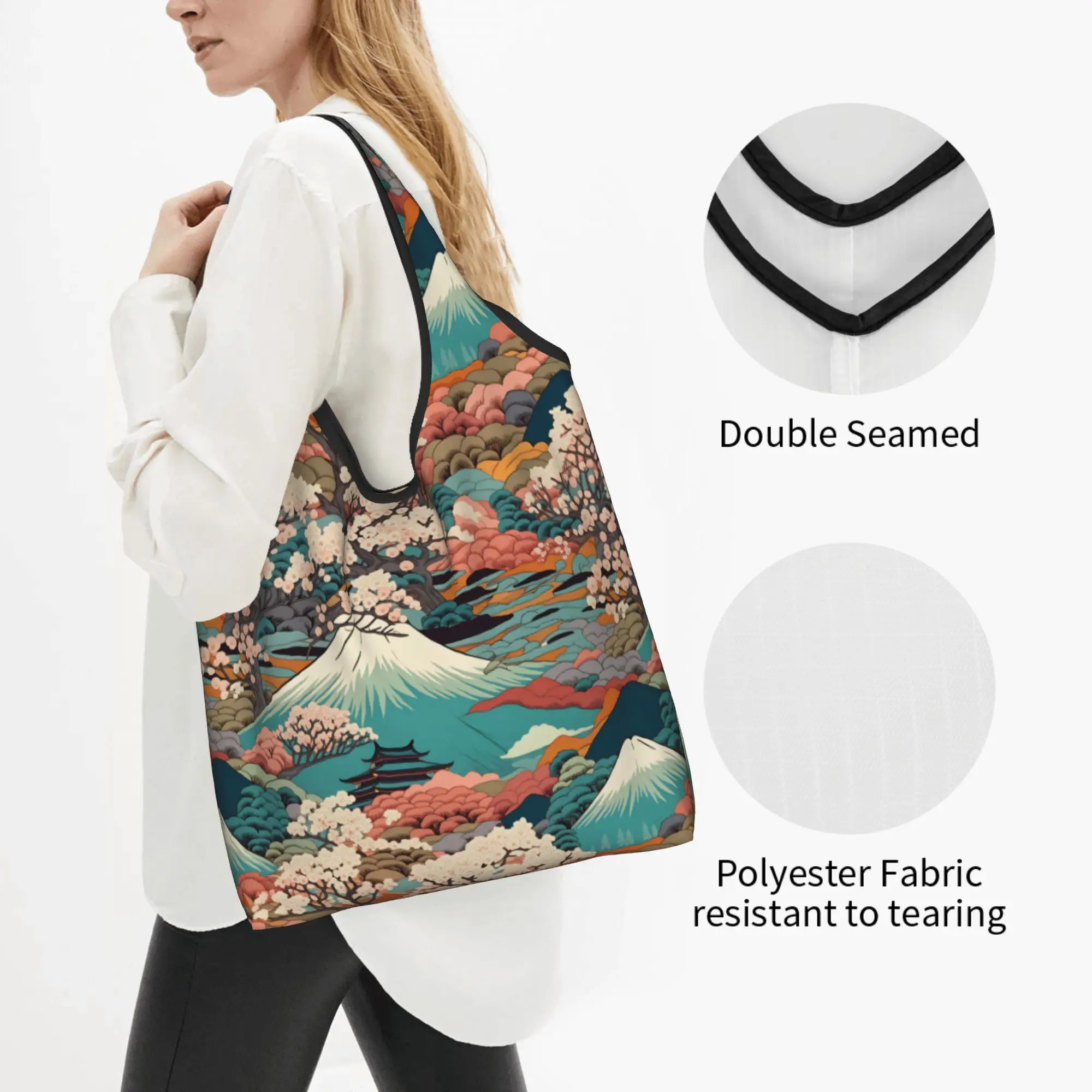 Recycling Fuji San Japan Ukiyoe Art  Shopping Bag Women Tote Bag Portable MEDIEVAL ENGRAVING Groceries Shopper Bags