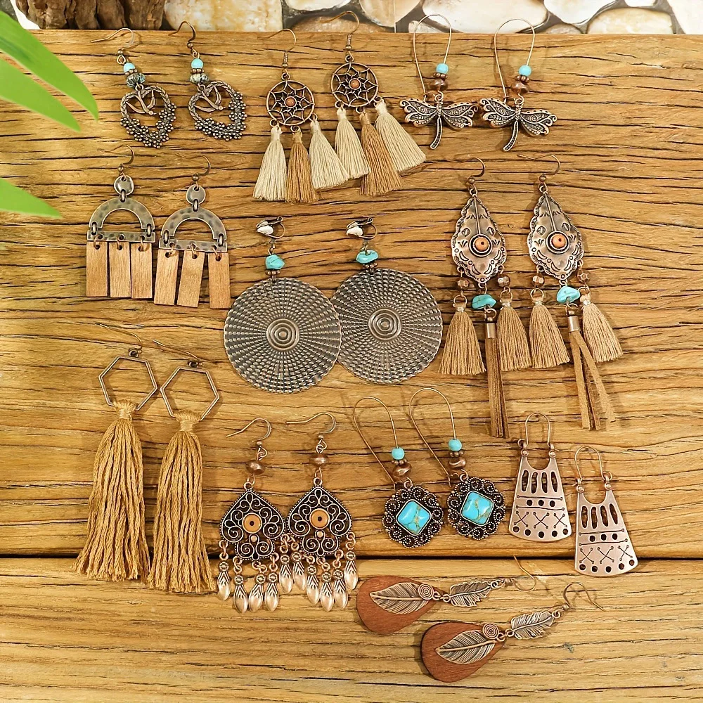 Vintage ethnische geometrische braune Tropfenohrringe für Frauen, elegante Persönlichkeit, Urlaub, lässig, täglich, Ohrringe, Boho-Schmuck – Detail 4