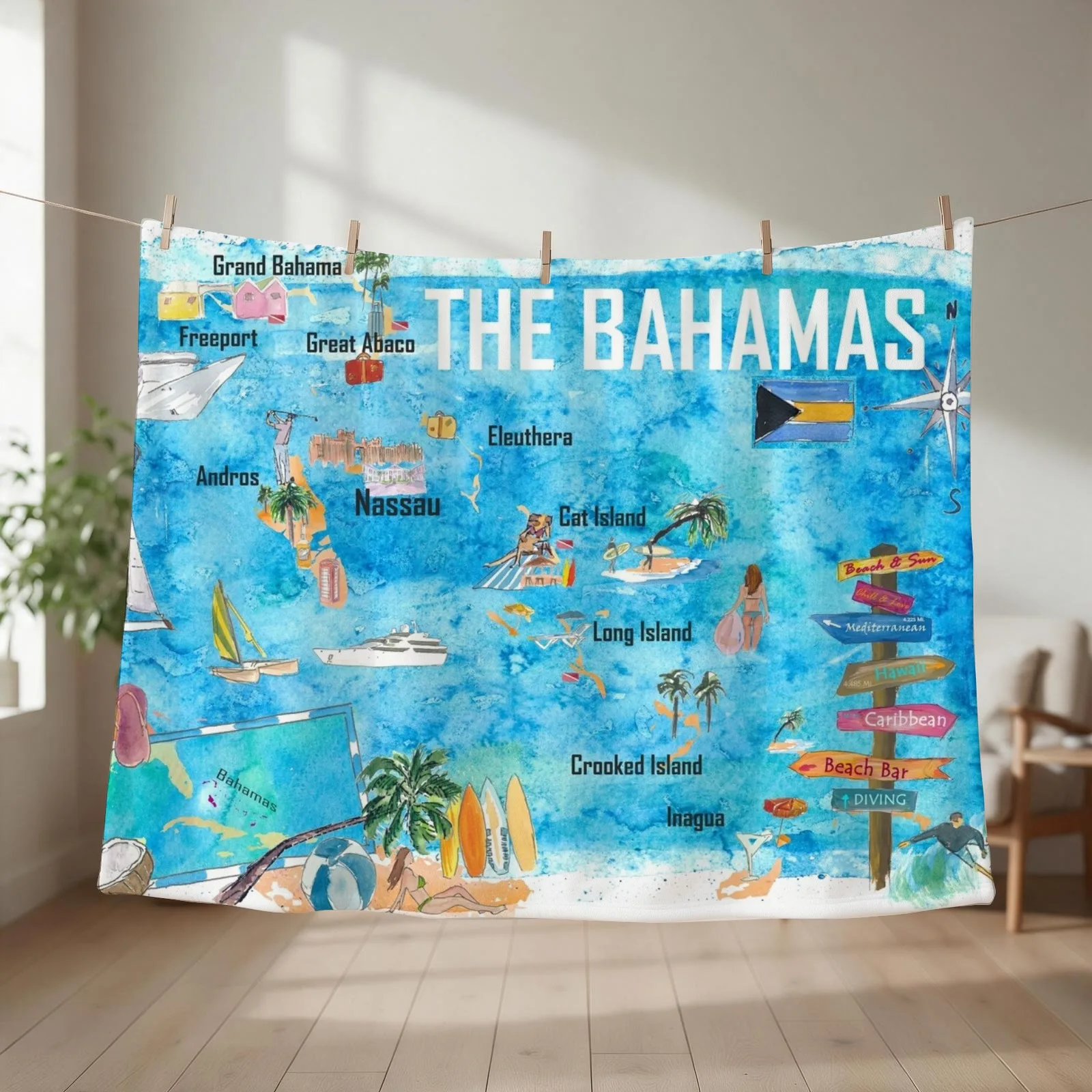 The Bahamas Illustrated Map with Main Roads Landmarks and Highlights Throw Blanket Decorative Sofas Soft Thermal Blankets