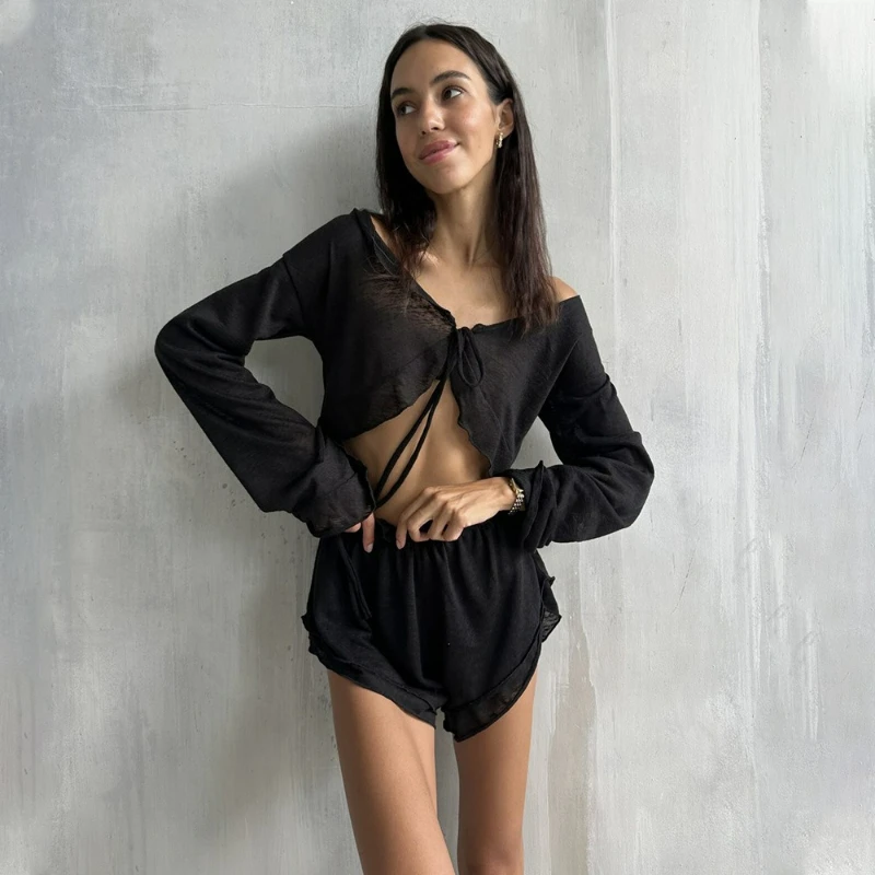 Lace-up Long-sleeved Shorts Pajama Set European and American Summer New Cardigan Loungewear Women's Comfortable Breathable