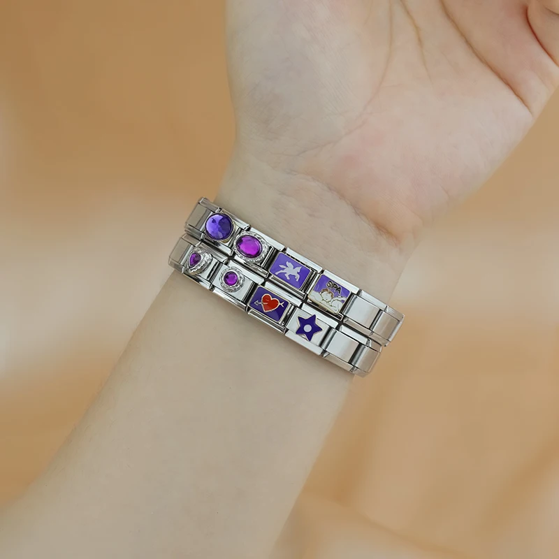 Hapiship 2024 Women's Gift Purple Spa Love Star CZ Italian Charms Links Beads Fit 9mm Stainless Steel Bracelet DIYJewelry ZH017