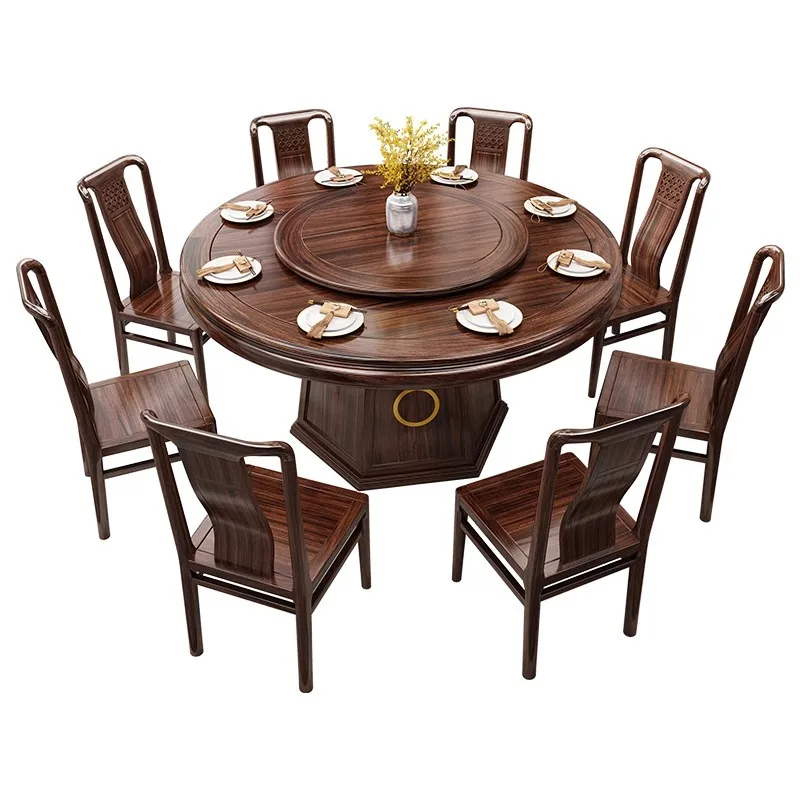 

Ebony Solid Wood Round Dining Table and Chair Combination New Chinese Household 1.8 Meter Large Round Table with Turntable