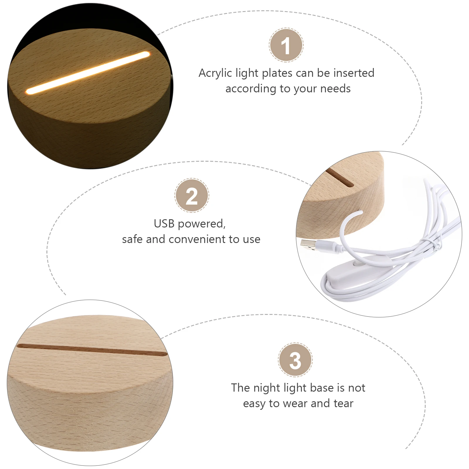 

1Pcs Wooden Night Light Base Compact Round USB Light Base for Bedroom Office Decor Stable Flat Bottom Design Small Night Lamp