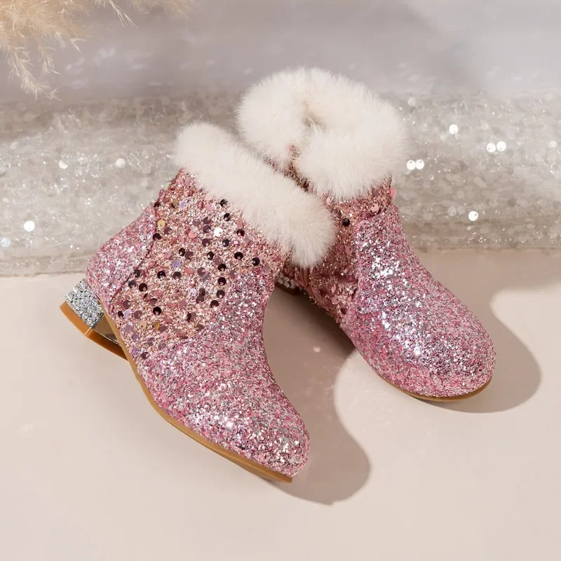 Mumoresip Luxury Children Princess Glitter Boots Winter Chunky Heel Kids Ankle Boots for Wedding Party Fluffy Girl Cotton Boots