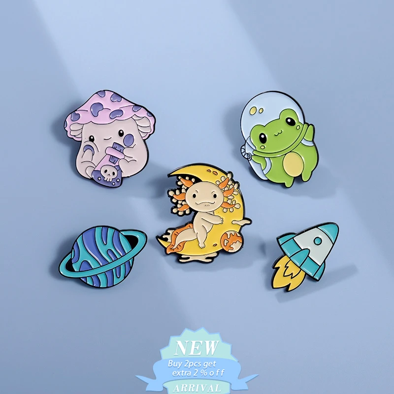 Cute Salamander Enamel Pin Space Planet Rocket Mushroom Potion Frog Brooches Lapel Backpack Badge Funny Animal Jewelry Gift