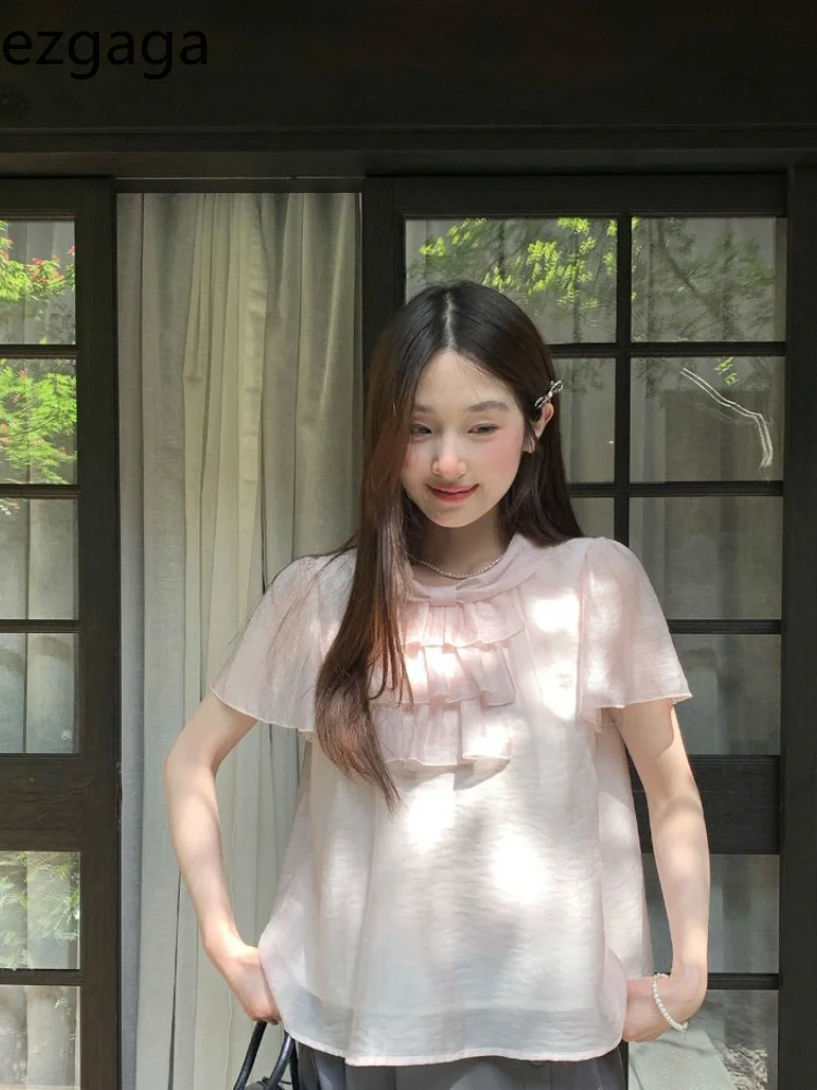 

Ezgaga Shirts Women Ribbon Short Sleeve Summer Fashion Sweet Loose Solid Elegant French Style Blouse Female Casual Tops