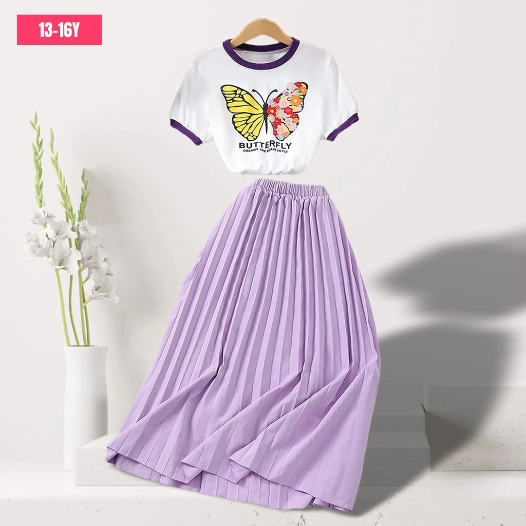 Girls Clothing Set for Teenagers 2Pc 13 14 15 16Y Old Summer Short Sleeve T-shirt with Butterfly Purple Skirt Children Suit