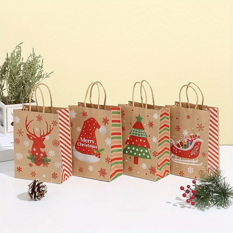 8–48 Stück Weihnachtsserie Kraftpapier-Geschenktüten, Verpackung von Party-Süßigkeitsgeschenken, bedruckte Tragetaschen mit Cartoon-Elch-Schneemann-Weihnachtsbaum – Detail 13